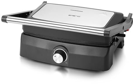EMERIO Griglia a contatto Panini Grill, griglia da tavolo, superficie 23 x 14,5 cm, rivestimento antiaderente, 750 W, griglia a basso contenuto di grassi, apertura a 180°, termostato regolabile, in