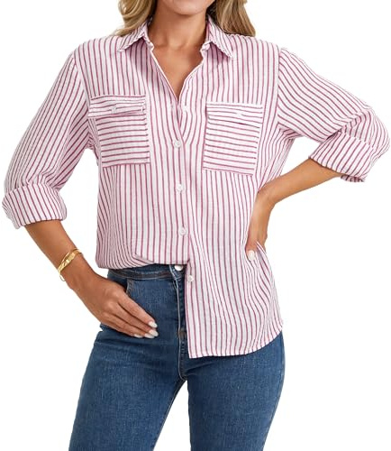 Enmain Women's Striped Shirt Linen Long Sleeve Button Down Blouse Tops V Neck Summer Casual Office Work Regular Fit with Pockets