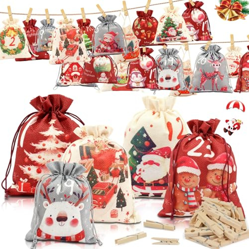 Calendrier de L'Avent a Remplir Soit Même 2025 Calendrier de L'avent a Faire Soi Meme Tissu 24 Sachets en Tissu 4 Tailles Pochette Calendrier de L'avent à Remplir DIY Cadeau Decoration Noel