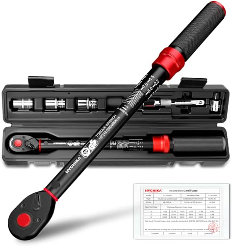 HYCHIKA 1/2 Zoll Drehmomentschlüssel, ±2% Fehlergenauigkeit, 40-220 Nm Set mit 125mm Verlängerung, 1/2-3/8 Adapter & Stecknüssen 17, 19, 21mm für Auto, Motorrad, LKW und Reifenwechsel