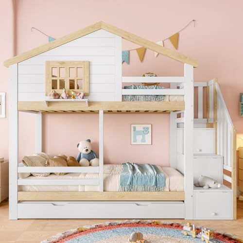 Moimhear Lettino a castello, 90 x 200 cm, letto in legno, letto estraibile, scaletta portaoggetti, finestra, listello, bianco e naturale