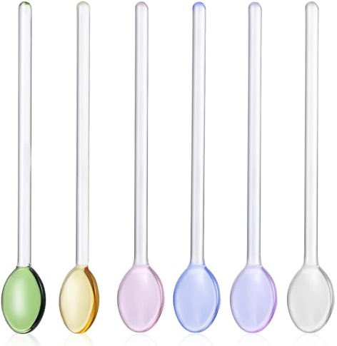FONDOTIN 6Pcs Glass Stirring Spoons Long Handle Tea Spoons Coffee Stir Sticks for Drinks Mixing Sodium Calcium Glass Kitchen Tools
