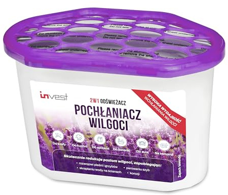 Invest Deshumidificador con 230 g de relleno, granulado para cocina, baño, camper sin electricidad, absorbente de humedad, protección contra moho y olores, aroma a lavanda (1, lavanda)