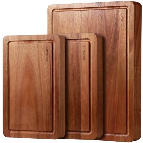 Schneidebrett Holz 3er Set, großes Schneidebrett aus massivem Akazienholz, 2 cm dickes Küchenbrett aus Holz mit Saftrinne, Design Cutting Board Schneidbrett Set (43 x 30 cm / 30 x 25 cm / 30 x 18 cm)