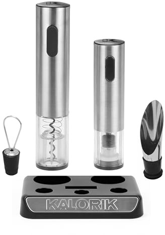 Kalorik Electric Wine Opener Wine Lovers Set Includes Bottle Opener Wine Pourer Preserver and 2 Stoppers Foil Cutter and Charging Base, Stainless Steel