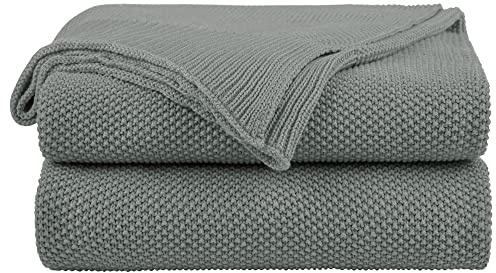 PiccoCasa 100% Cotton Knit Throw Blanket,Solid Lightweight Decorative Throws and Blankets,Soft Knitted Throw Blanket for Sofa Couch, Gray,50 x 60