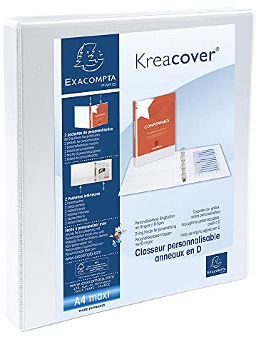 Exacompta - ref. 51940E - 1 customizable rigid opaque binder with 2 pockets - 4 D-rings of 16 mm - Spine 38 mm - External dimensions: 32 x 27.3 cm - Format to be filed A4 Maxi - Colour: white