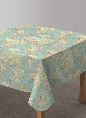 Vilber, Mantel de Tela confeccionado, Cuadrado, Resinado, con Tratamiento Antimanchas, Impermeable, Estampado MAPAS. WORLD-R33. Multicolor, 136 x 136 cm