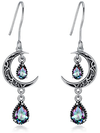 VONALA Crescent Moon Earrings 925 Sterling Silver Celtic Moon Dangle Drop Earrings Emerald Dangling Earrings Celtic Jewelry Gifts for Women Teens Girls