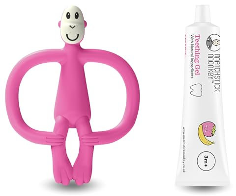 Matchstick Monkey Zahnungs-Set - Beißring + Bio Zahnungsgel Erdbeere-Banane – Natürliche Zahnungshilfe für Babys ab 3 Monaten, Vegan, Tierversuchsfrei, BPA-frei (Affe pink + Zahnungsgel)