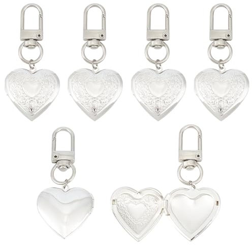 MAYJOYDIY 6 Porte Clés Médaillon Cœur Argenté 6.4cm Pendentif Cœur Vintage Souvenir Photo pour la Fabrication de Bijoux la Fête des Mères la Saint Valentin les Loisirs Créatifs