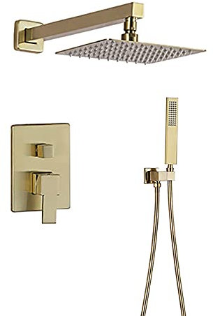 Sistema de ducha de lluvia, juego combinado de ducha de oro cepillado, juego de grifo de ducha de baño montado en la pared con cabezal de ducha de 8 pulgadas, ducha de mano, caja empotrada Interesting