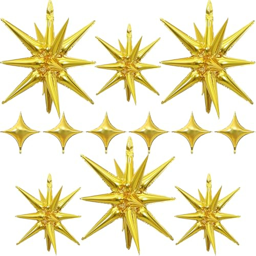 Gold Star Balloons 12pcs, 27/22 Inch Foil Star Explosion Balloons, Large Spike Mylar Cone Balloon, Fireworks Shape Balloon Party Decor for Anniversary New Year Graduation Birthday