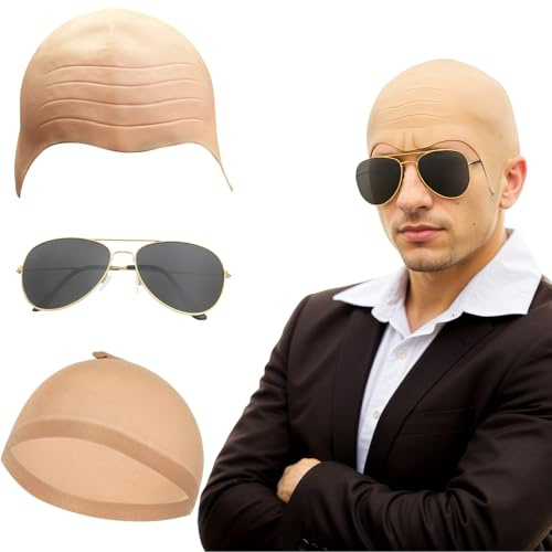 MUNSKT 3 stycken latex bald mask bald head caps med 1 bit peruk mössa och 1 par solglasögon, fin klänning cosplay hatt kostym tillbehör för halloween barn vuxna