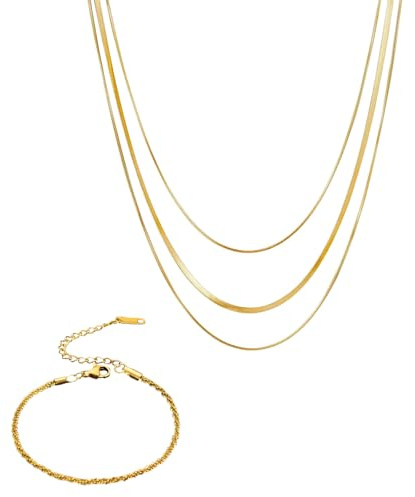 Wekuw 3 st guld ormkedja halsband, 18K personligt hängsmycke, enkel hals, set med ringhalsband, delikat guldkedja med staplade trendiga smyckesarmband för kvinnor
