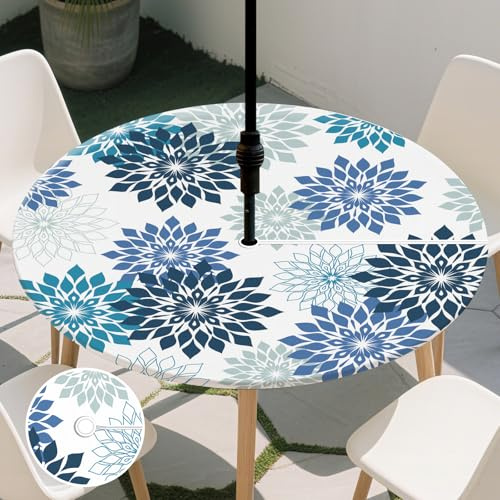 CUTHOLLOW - Mantel redondo de 106 cm con borde elástico, con agujero parasol, impermeable, antimanchas, mantel de jardín con diseño de crisantemo, poliéster mantel de mesa, lavable, para mesa de 86