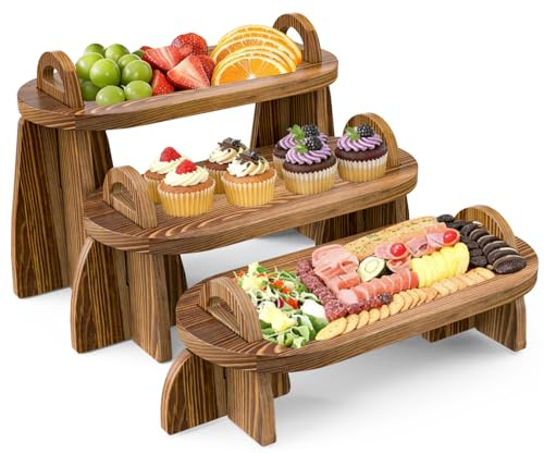 Chilinii Wooden 3 Tier Serving Tray Cupcake Stand 15 inch Dessert Table Display Farmhouse Wood Tiered Tray Serving Food Fruit Tray for Party, Birthday, Wedding, Christmas Brown