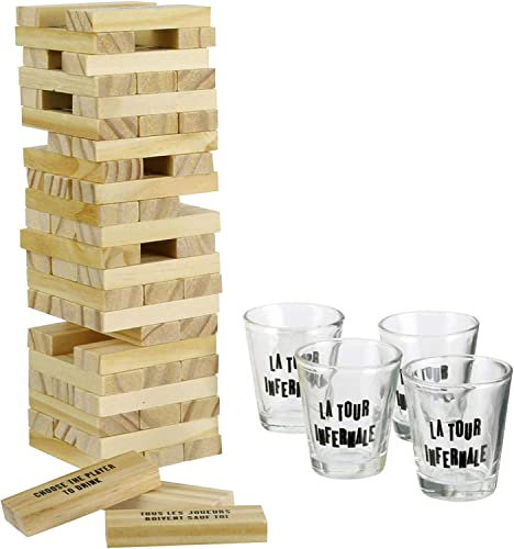 Wahou 37-2Q-007 Jeu à boire Tour infernale Drinking game Beige noir et transparent Bois et verre H20 x 7 x 19 cm