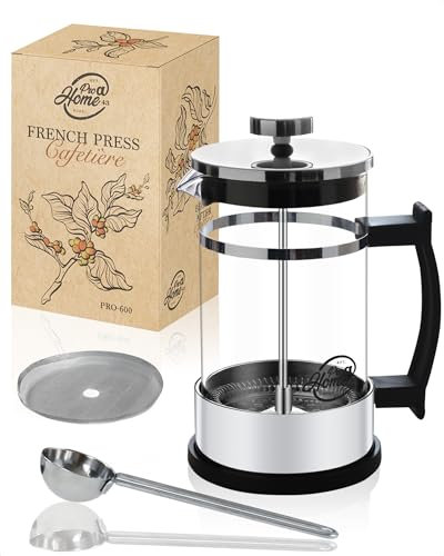 Pro@Home43 Cafetière et théière à Piston 0,6 l pour 4 Tasses (0,35 l également Disponible) Presse à café en Verre Borosilicate résistant à la Chaleur 600 ML avec cuillère doseuse en INOX, livrée en c