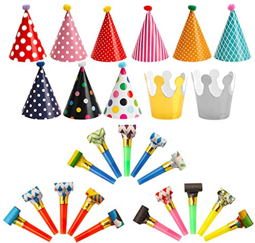Niumowang 26 Stück Partyhüte mit Lufttröte Pfeife, Partyhüte Set, Partyhüte Geburtstag, Kegel Hüte, Partyhüte Kindergeburtstag, Geburtstag Krone, für Geburtstag, Party, Foto-Requisiten (A)