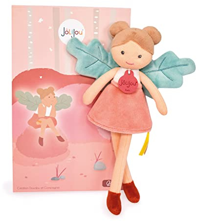 Jolijou - Poupée Fée de la Forêt en Tissu - Gaia - Boite Cadeau - 25 Cm - Doudou Corail et Vert - Développement de l'Imagination - Idée Cadeau de Naissance Fille - JJ6030