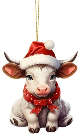 Weihnachtsdeko Acryl Weihnachtsanhänger Kuh mit Weihnachtsmütze Weihnachtsbaum Deko Anhänger Lustiges 2D Cartoon Kuh Figur Weihnachtsschmuck für Garten Balkon Tür Fensterbaum (C, 8cm)