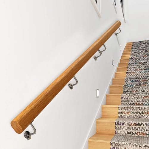 Liyadolaam Wooden Handrails for Stairs 1m 150cm 2m 3m 360cm Wood Staircase Banister Hand Rails for Indoor Outdoor Wall Mounted Stair Railing with Stainless Steel Safety Support (Size : 6.6ft/200cm)