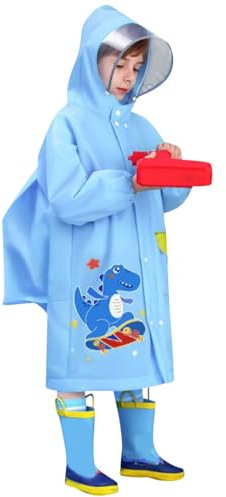 FGUUTYM Regenmantel für Kinder, Junge, Cartoon-Dinosaurier-Muster, Eva-Poncho mit Hut, Tasche, Ort, Modeknopf Fahrradponcho Kinder (Blue, 3-4 Years)
