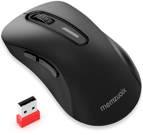memzuoix Ratón Inalámbrico 2.4GHz, Ratón Óptico Portátil de 1400 dpi con Mini Receptor USB,5 Botones y Funcionamiento a Pilas para Pórtatil, Sobremesa, Macbook - Negro Mate