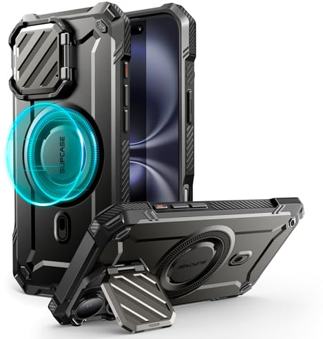 SUPCASE Cover per iPhone 16 6.1 Pollici 2024 con Cover per Fotocamera (UBMag XT), [Compatibile con MagSafe] [Cavalletto Integrato] Custodia Magnetica Resistente per iPhone 16 (Nero)