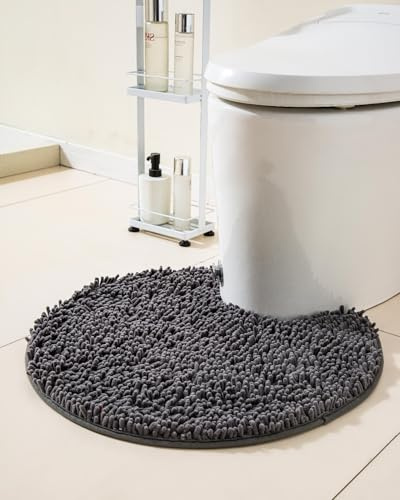 Puniamol Soft Shaggy Round Toilet Rug U Shaped for Bathroom, Excellent Absorbent Contour Toilet Mat Machine Washable, Non-Slip Microfiber Chenille Bathroom Rugs 24 Dark Grey