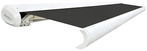 INTELROLL INT500 FULL Cassette Retractable Awning Canopy 5m x 3.5m / 16’5″ x 11’6″ for Garden Patio or Shop Front ELECTRIC Remote WHITE Frame Anthracite GREY - Polyester PU Coated Fabric