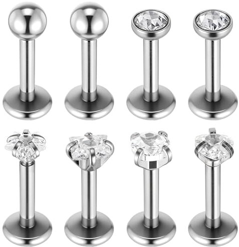 MBAIYO 8 Stück Tragus Piercing Silber, 16G Chirurgenstahl Lippenpiercing Stud Labret 6mm Helix Conch Piercings Medusa Ohrstecker Nasenpiercing mit Stern Herz Zirkonia für Damen Herren Schmuck