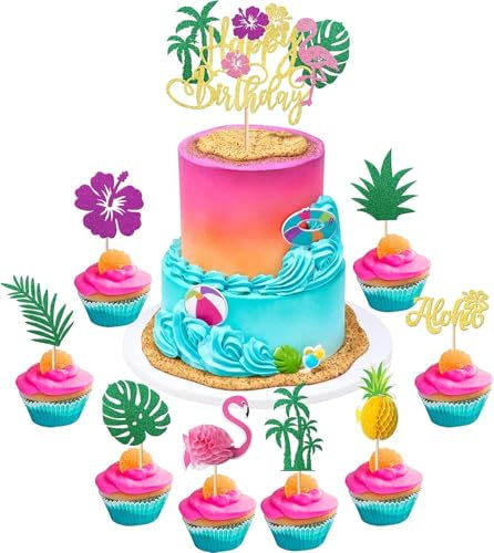 Decorazione Torta Hawaiana, 25pcs Flamingo Cake Toppers, Cake Topper Tropicale, 3D Fenicottero Cake Topper, Estate Cupcake Decorazioni, Hawaiian Cupcake Toppers, Topper Tortas Fenicotteros (Colore A)