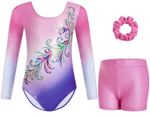Gogokids Flickors tredelade långärmade gymnastiktrikesset – gymnastikkläder för barn med gradient paljettdesign inkluderar trikåer, shorts och hårband, glittrande balettdräkter för åldrarna 3-12