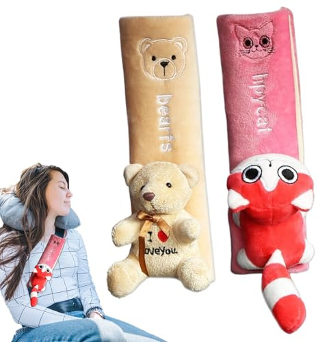 Almohadillas cinturón Coche niños 2 Unidades, Protectores Acolchados Animales Suaves para Seguridad Infantil, Beige y Rosa, Viaje cómodo y Divertido