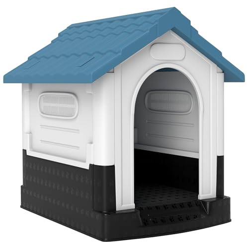 PawHut Caseta para Perros Mini para Exterior, Casa para Perros de Plástico con 3 Ventanas, Base Elevada, Techo de Tejas de Imitación, 64,5x57x66 cm, Azul