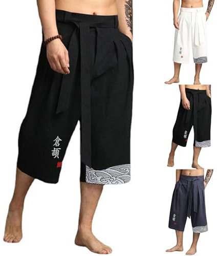 Mens Japanese Traditional Hakama Pants, Casual Loose Japanese Style Trousers, Adjustable Waist Shorts, Relaxed Fit Linen Texture Bottoms, Lightweight Comfy Summer Streetwear