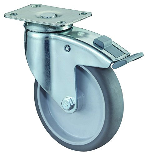 BS Rollen C120.A80.125 Schwere Apparaterolle, Lenkrolle mit Feststeller, Ø 125 mm, Anschraubplatte, Gummirad blaugrau, für harte Böden