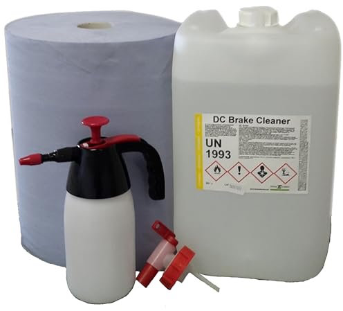 DC DruckChemie GmbH Bremsenreiniger Kanister 10L, acetonfrei + Auslaufhahn, Putzpapierrolle & Drucksprüher - Brake Cleaner - Teilereiniger zum Reinigen & Entfetten von Bremsen, Platten & Kupplungen