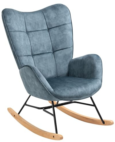 MEUBLE COSY Sedia a Dondolo Poltrona Imbottita Relax con Braccioli Schienale Alto per Soggiorno Cameretta in Tessuto con Gambe in Legno, Blu