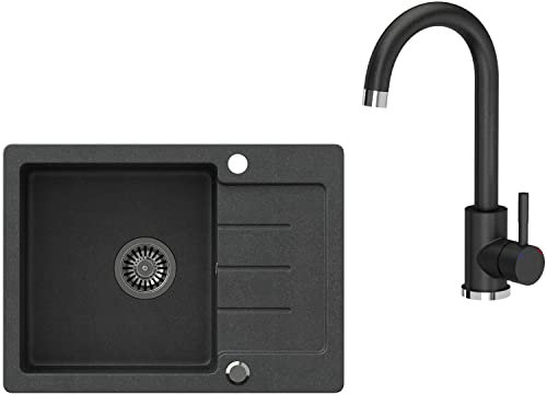 VBChome Spülbecken mit Armatur 60 x 44 cm Einzelbecken Schwarz Granit Rechteckig Reversibel Einbauspüle Gesprenkelt Großes Tiefes Becken Siphon Armatur Unterschranke ab 50 cm