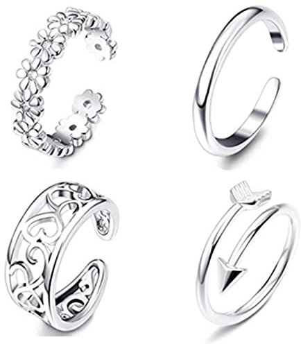 Beach Vacation Knuckle Foot Ring Open Toe Rings Set for Women Girls Finger Heart Ring Adjustable Jewellery-4PC, Silver Color
