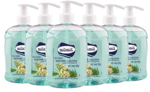 Milmil Sapone Liquido, Fragranza Tea Tree Oil, Formula Idratante per Pelli Sensibili, con Dispenser, Sapone Mani, Viso e Corpo, Dermatologicamente Testato - 6 x 500 ML