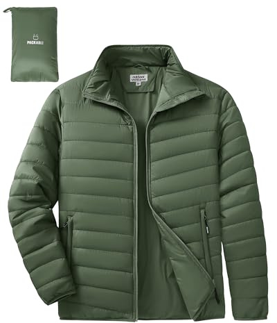 Outdoor Ventures Men's Packable Puffer Jacket Insulated Lightweight Puffy Coat Warm Portable Padded Water Resistant Jacket for Hiking Travelling Camping Army Green M