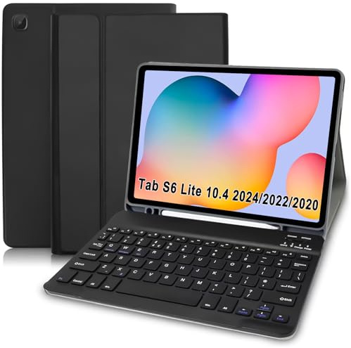 Samsung Tab S6 Lite Hülle mit Tastatur (Deutsches QWERTZ), Samsung Galaxy Tab S6 Lite Hülle mit Pencil Halter & Abnehmbarer Tastatur für Galaxy Tab S6 Lite 10.4” (SM-P610/P615/P613/P619),Schwarz