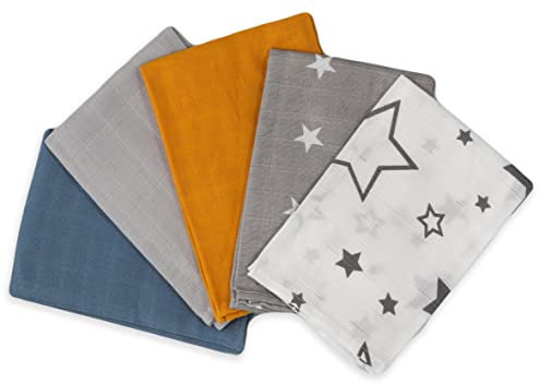 FENSILO 5-pack muslindukar för baby, 34 x 34 cm, babytvättlappar av muslin – mångsidiga muslindukar som spottdukar, snushandduk, 100 % bomull, spottduk blå
