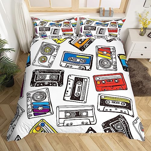 Erosebridal Vintage Old Fashion Bed Set Retro Audio Cassette Duvet Cover, Colorful Music Record Player Bedding Set Queen Red Black White Cassette Tape Comforter Cover, 70s 80s Party Bed Cover