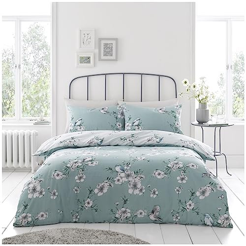 VELVETIO Luxury Birdie Blossom Floral Duvet Cover Sets with Matching Pillow cases, Reversible Printed Birds Flower Bedding Quilt, Soft Polycotton Botanical Bedlinen Set, King, Duck Egg