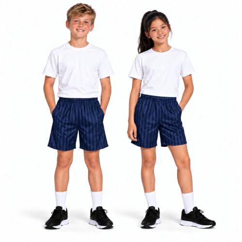KHIM barn skugga rand skola PE shorts pojkar flickor sommar gym sport fotbollsspel cykelshorts, Marinblå 2-pack, 3-4 Years